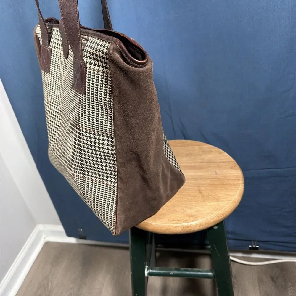Vintage Lauren Ralph Lauren Brown Leather Suede Houndstooth Tote Shoulder Bag - Picture 6 of 11